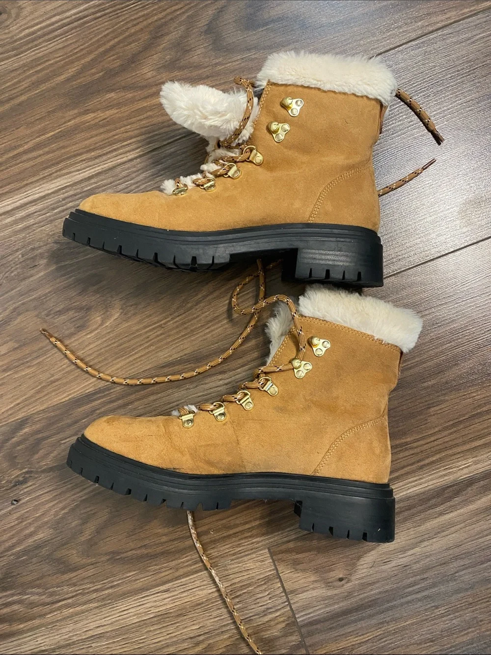 J. Crew Tan Faux-Suede Fold-Over Fur Lace-Up Winter Boots